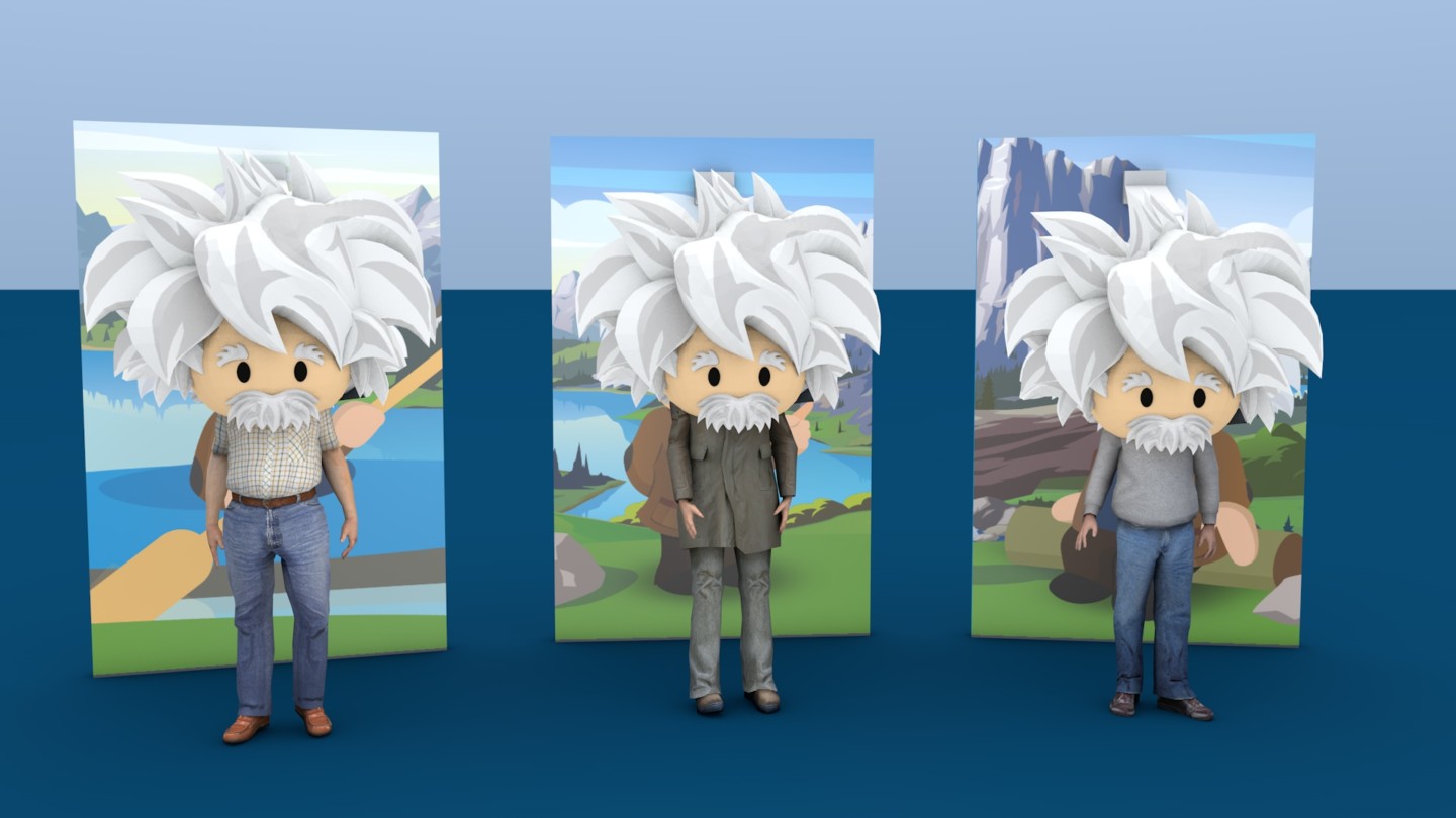 Character posters paired with 3D turnaround renders of the Einstein avatar