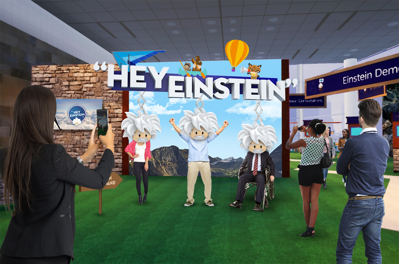Wide illustrated environment render of the Hey Einstein activation entrance