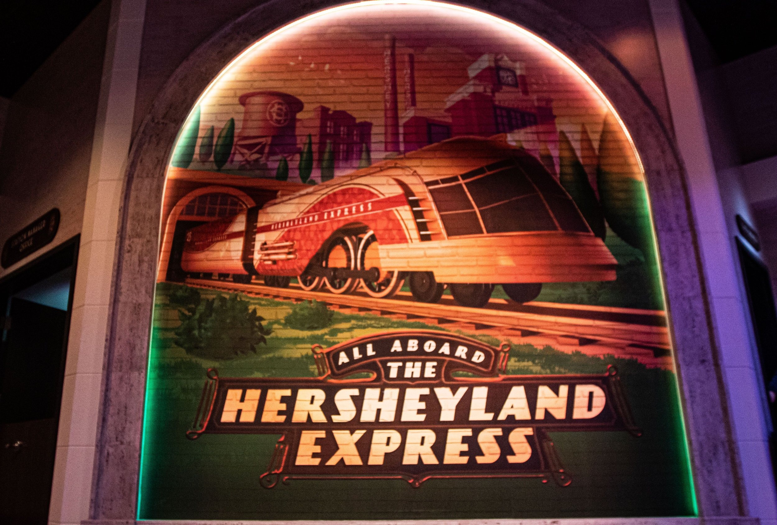 All Aboard the Hersheyland Express mural with train graphic