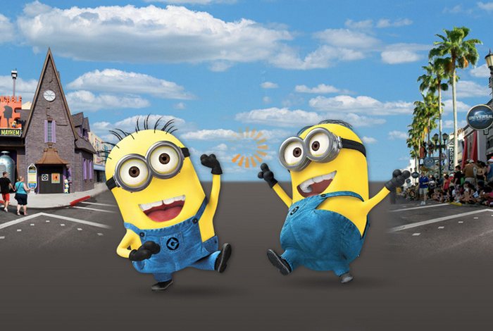 Two Minions dancing outside the Minion Mayhem attraction at Universal Orlando Resort