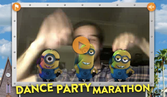 Guest dancing with Minion webcam overlays during the Dance Party Marathon