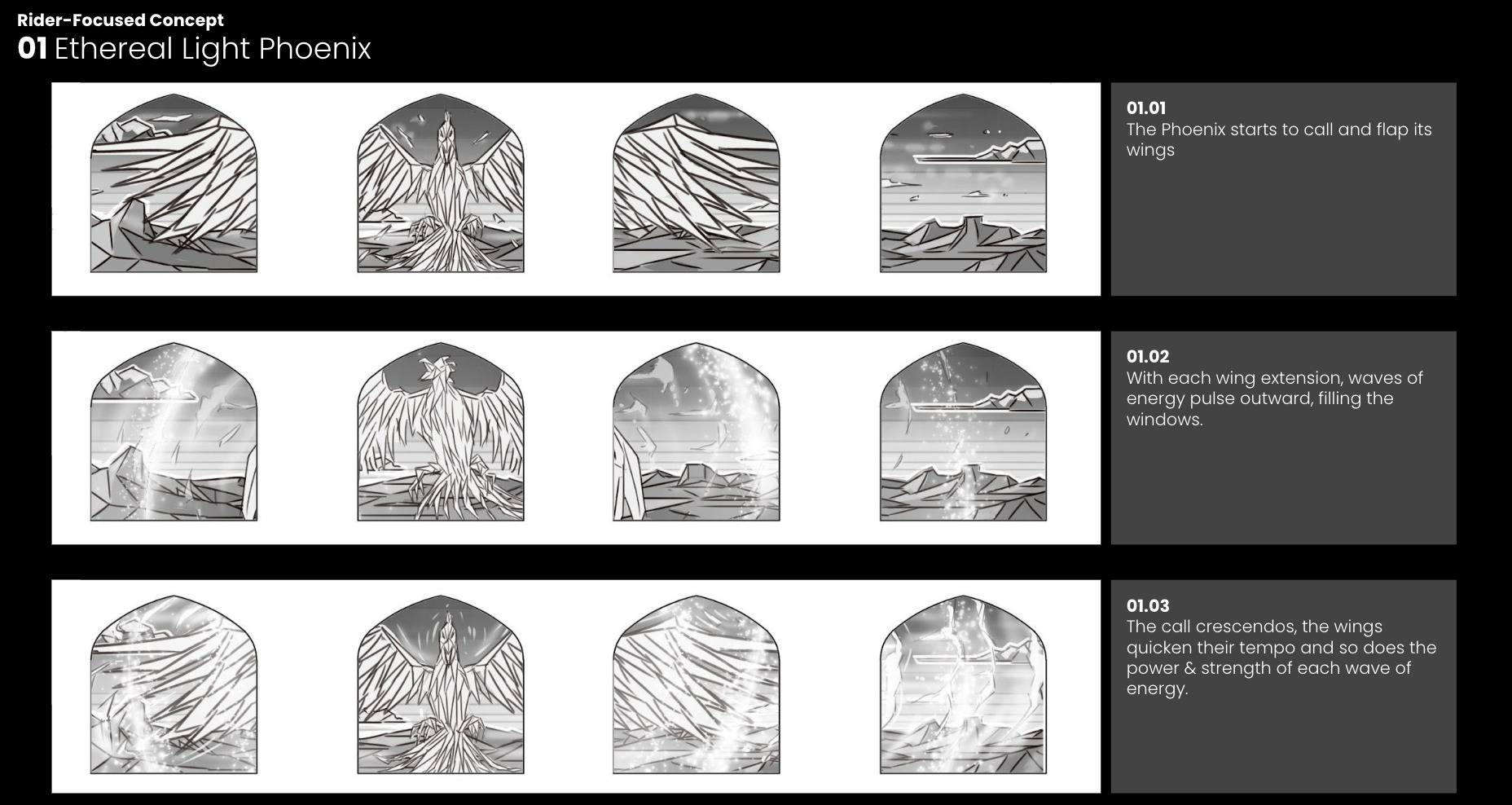 Ethereal Light Phoenix rider-focused concept storyboard